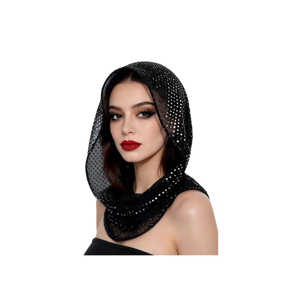 Black Sequin Head Scarf Rave Festival Hooded Wrap Costume Accessory